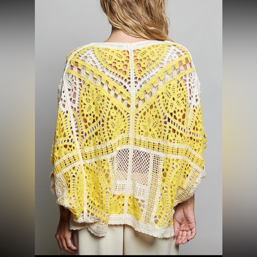 POL.  Yellow and White Crochet Kimono Cardigan. Sizing is Ons/Size Fit 4/16 - Picture 2 of 3